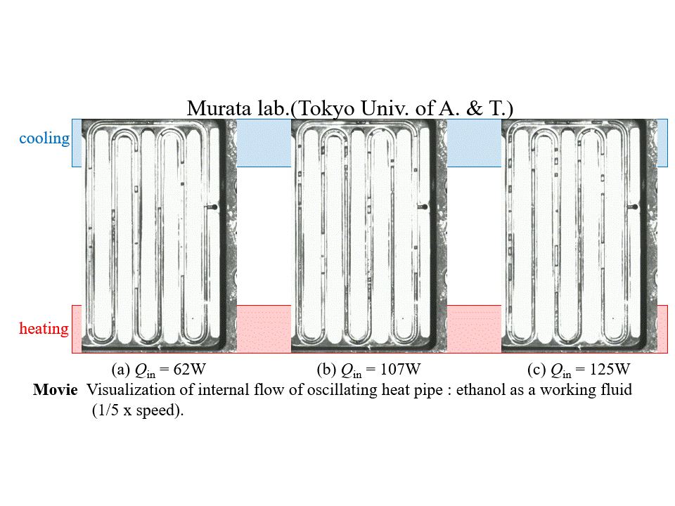 蛇行細管型熱輸送デバイス；実験での加熱量の違いによる内部流動の変化（エタノール）[8].